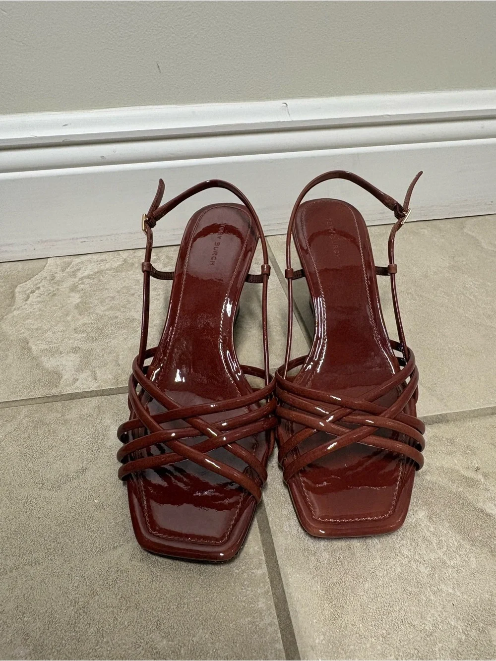 Tory Burch Burgundy Patent Leather Strappy Cork Wedge Sandals